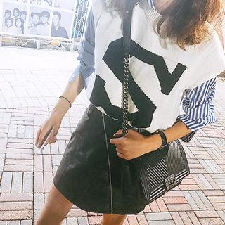 Set: Lettering Knit Top + Asymmetric Stripe Shirt + Faux-leather Mini Skirt