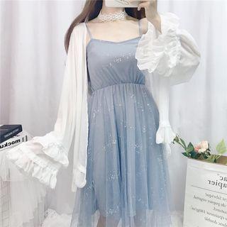 Spaghetti-strap Mesh Dress / Frilled Trim Cover-up