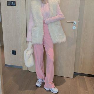 Plain High-waist Straight Leg Pants Pink - One Size