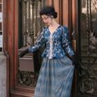Long-sleeve Floral Print Blouse / Midi A-line Lace Skirt