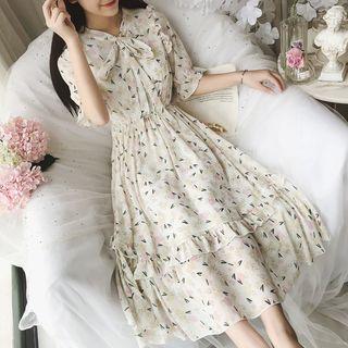 Floral Short-sleeve Midi A-line Dress Almond - One Size