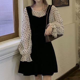 Long-sleeve Dotted Blouse / A-line Overall Dress