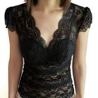 Padded V-neck Lace Cap-sleeve Top