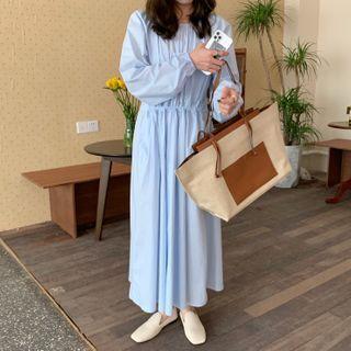 Long-sleeve Plain Midi Dress Blue - One Size