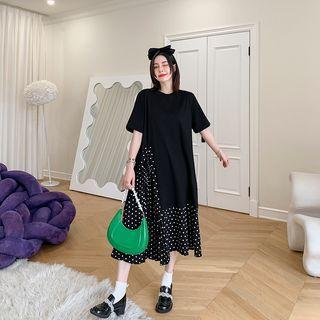 Elbow-sleeve Dotted Panel Midi Skirt