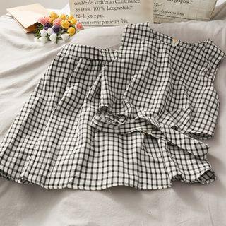 Set: Cross Strap-waist Checker Crop Tank Top + Mini Skirt