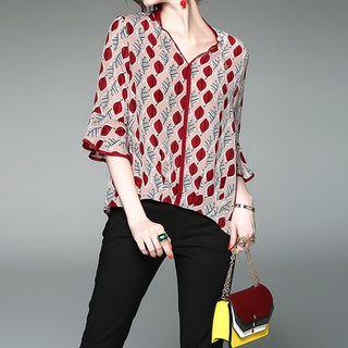 V-neck Bell-sleeve Print T-shirt