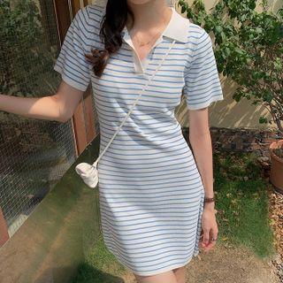 Short-sleeve Polo-neck Striped Knit Mini Dress