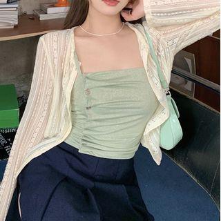 Lace Cardigan / Button-accent Camisole Top