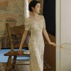 Short-sleeve Floral Embroidered Midi Sheath Qipao Dress