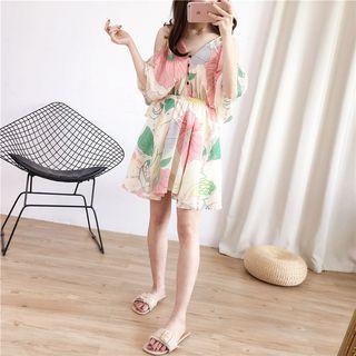 Off-shoulder Flower-print A-line Chiffon Dress