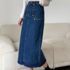 High-waist Embroidered Back Slit Hem Denim Skirt