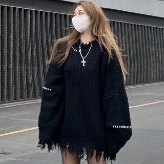Frayed Trim Sweater Black - One Size