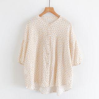 Elbow-sleeve Button-up Print Blouse Almond - One Size