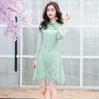 Long-sleeve Bow Tie A-line Lace Dress