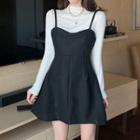 Long-sleeve Turtle Neck T-shirt / Spaghetti Strap Mini A-line Dress