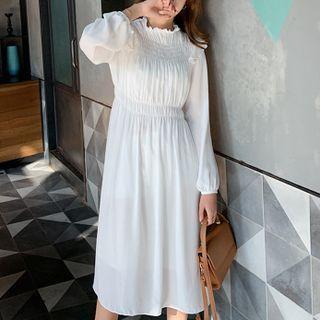Long-sleeve Plain Chiffon Dress White - One Size