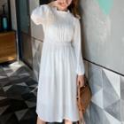 Long-sleeve Plain Chiffon Dress White - One Size