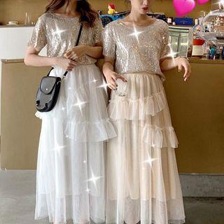 Glitter Short-sleeve T-shirt / Sheer Tiered Midi Skirt
