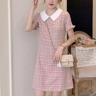 Short-sleeve Contrast Collar Plaid Mini Dress