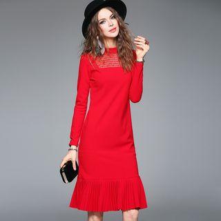 Long-sleeve Sheath Pleated Dress