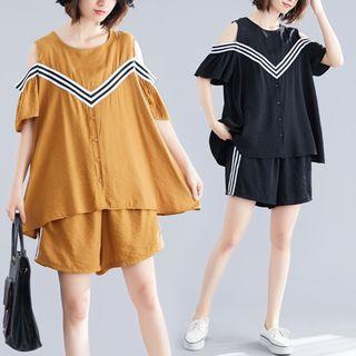 Set: Striped Cold Shoulder Blouse + Wide-leg Shorts