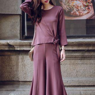 Set: Bow-accent Top + Wide-leg Pants