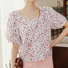 Puff-sleeve Dotted Square-neck Blouse White - One Size