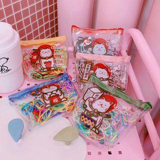 Set: Fortune Cat Print Transparent Zip Pouch + Hair Tie