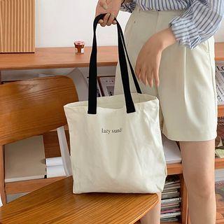 Lettering Print Canvas Tote Bag Beige - One Size