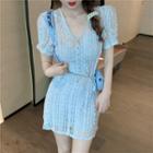 Short-sleeve Lace Mini Bodycon Dress Sky Blue - One Size