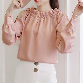 Open Shoulder Long-sleeve Chiffon Blouse