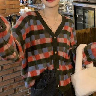 V-neck Check Cardigan Green & Red & Blue - One Size