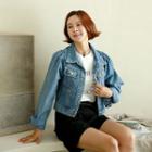 Puff-shoulder Denim Trucker Jacket Blue - One Size
