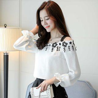 Floral Lace Trim Cold Shoulder Blouse