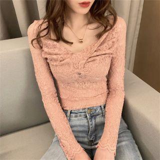 V-neck Shirred Long-sleeve Lace Top