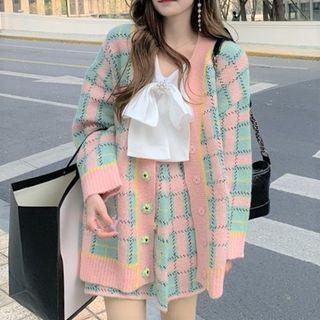 Tie-neck Knit Top / Plaid Knit Skirt / Cardigan