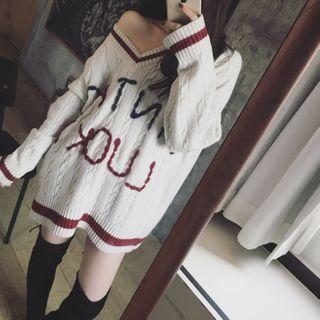 Lettering Cable Knit Sweater As Shown In Figure - One Size