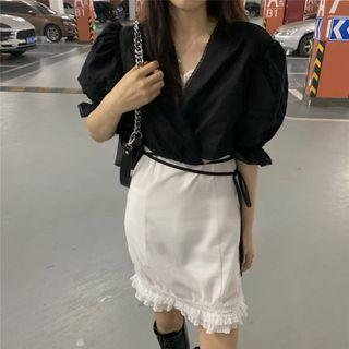 V-neck Plain Drawstring Blouse / Plain Lace Mini Dress