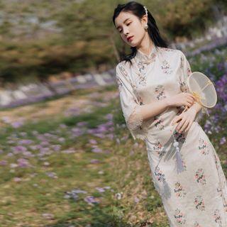 Elbow-sleeve Floral Lace Trim A-line Midi Qipao Dress / Lace Shawl / Set