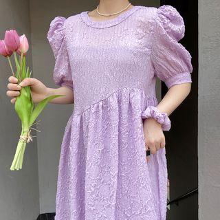 Puff-sleeve Asymmetric Chiffon Dress