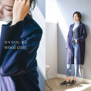 Collarless Open-front Wool Blend Coat