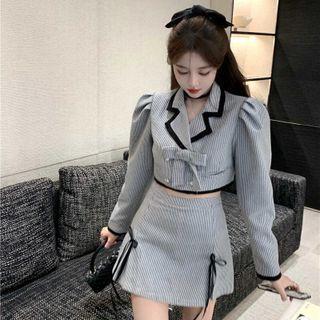 Plaid Bow Accent Cropped Jacket / Mini Pencil Skirt / Set