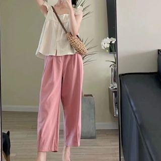 Ruffle Sleeve Square Neck Top / High Waist Straight Leg Pants / Set