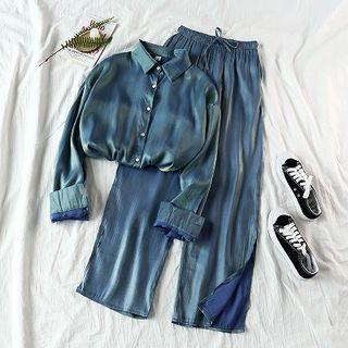 Single-breasted Long-sleeve Blouse / High-waist Wide-leg Cropped Pants
