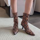 Snake Print Pointed High Heel Short Boots