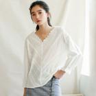 Long-sleeve Perforated Trim Blouse White - One Size