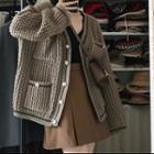 Multi-pocket Loose Fit Waffle Cardigan Sweater - Brown - One Size
