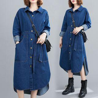 Long-sleeve Denim A-line Midi Shirtdress Blue - One Size