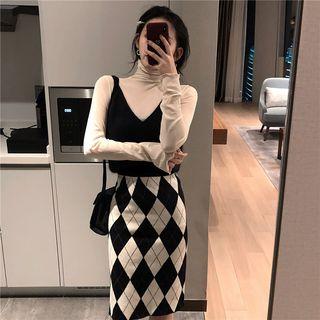 Plain Turtleneck Long-sleeve Slim-fit Top / Plain Camisole Top / Check Knit Skirt